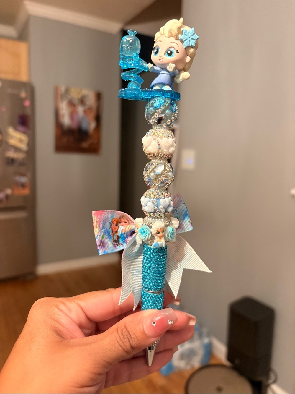Custom Frozen-Themed Blue  Pen with Beads and Bow